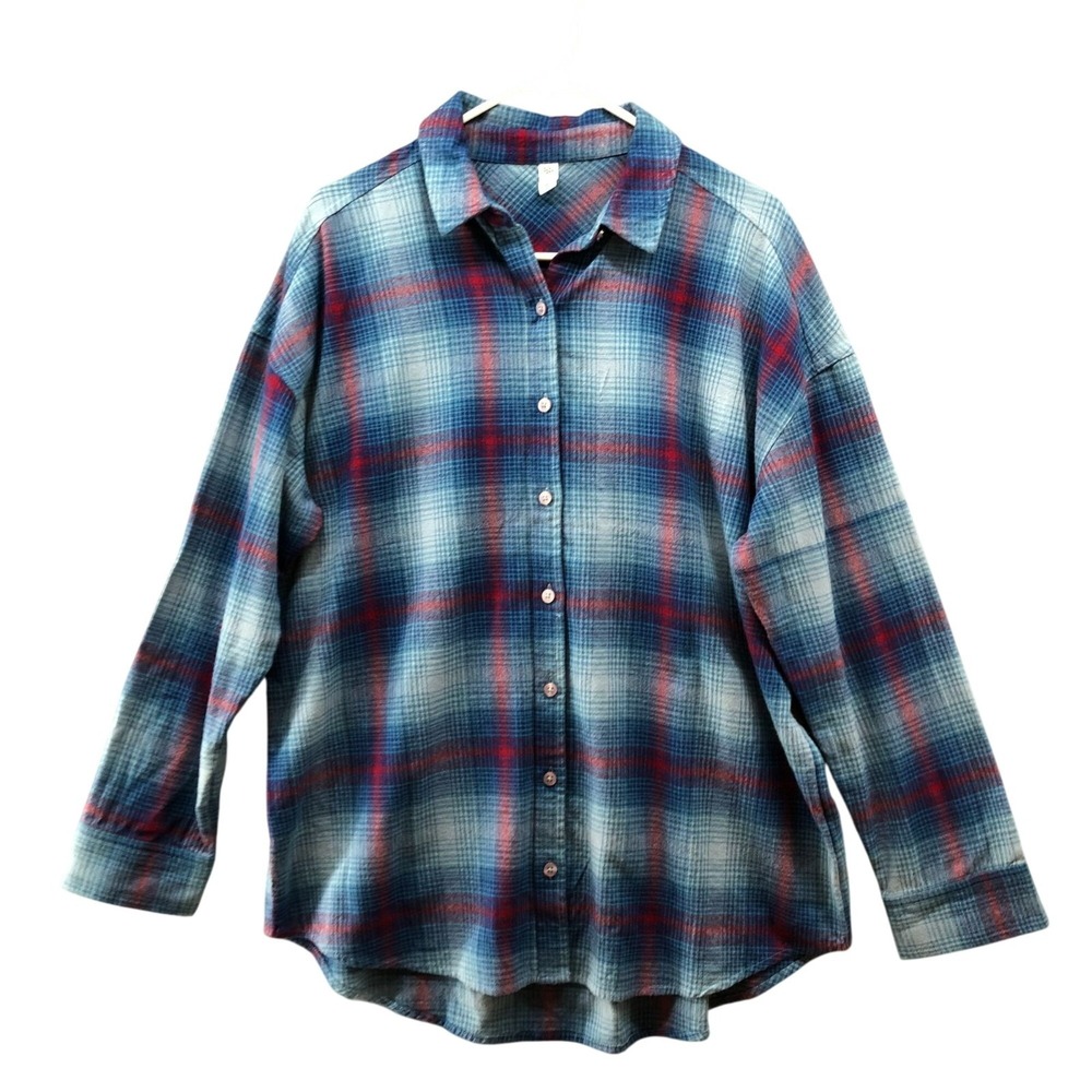 BP Nordstrom Oversized Flannel Shirt Womens S Blue Red Plaid Boyfriend‎ Shirt